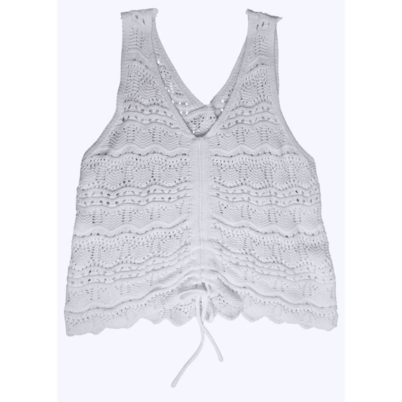 Jessica Simpson White Crochet Tank Top Drawstring V-Neck Womens Coastal Beachy - Picture 2 of 6